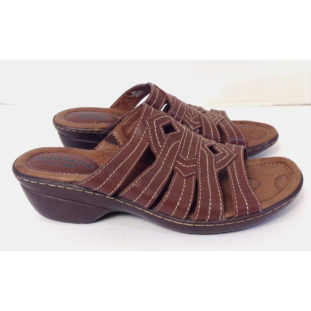 Montana Sandals Wn 9 M Brown Leather Slip On Stitching Western Aztec Native Boho